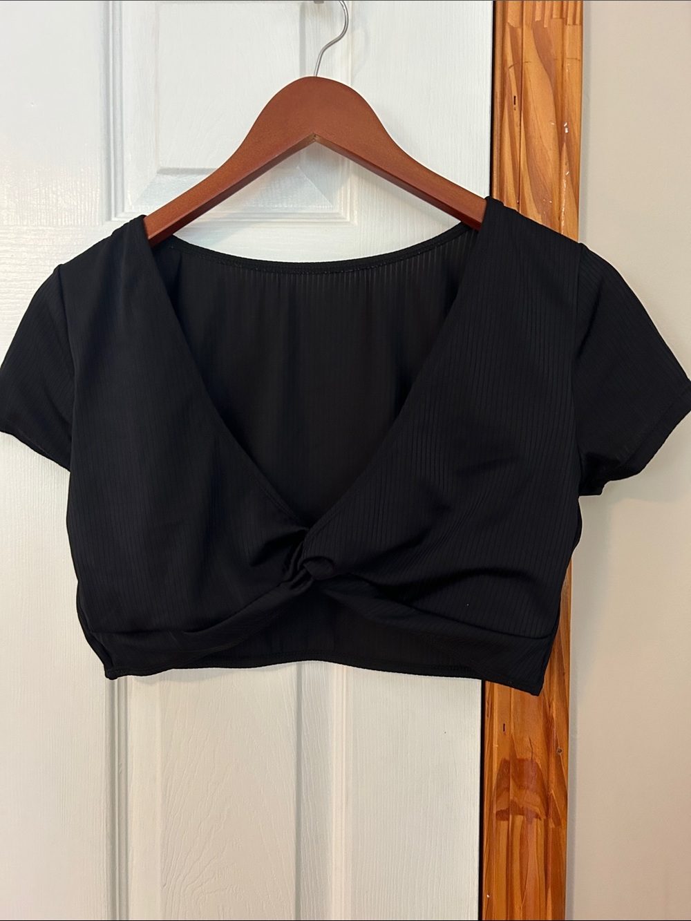 Decree Black Knot-Front Ribbed Swim Crop Top